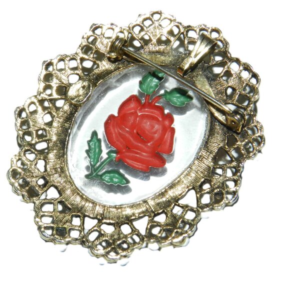 Vintage Intaglio Crystal Glass Reverse Engraved Rose Floral Brooch Pendant - Picture 5 of 7